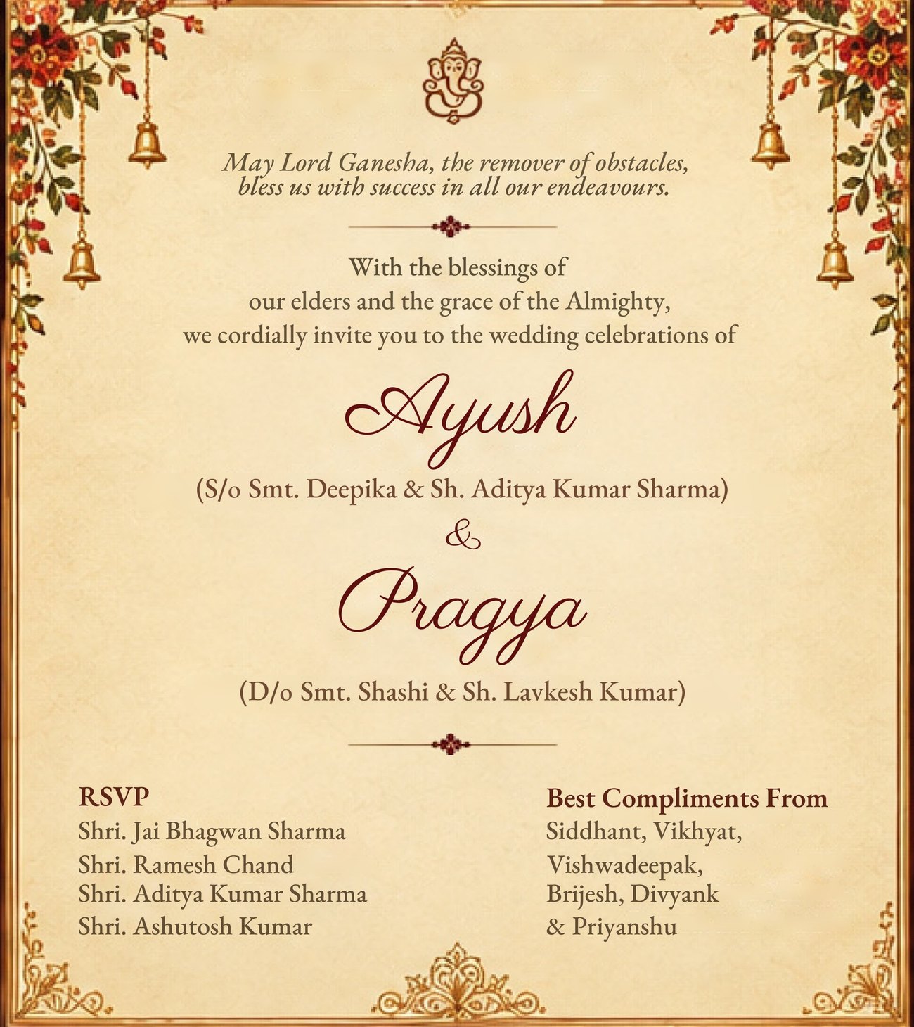 Ayush, son of Smt. Deepika and Sh. Aditya Kumar Sharma, and Pragya, daughter of Smt. Shashi and Sh. Lavkesh Kumar, with RSVP