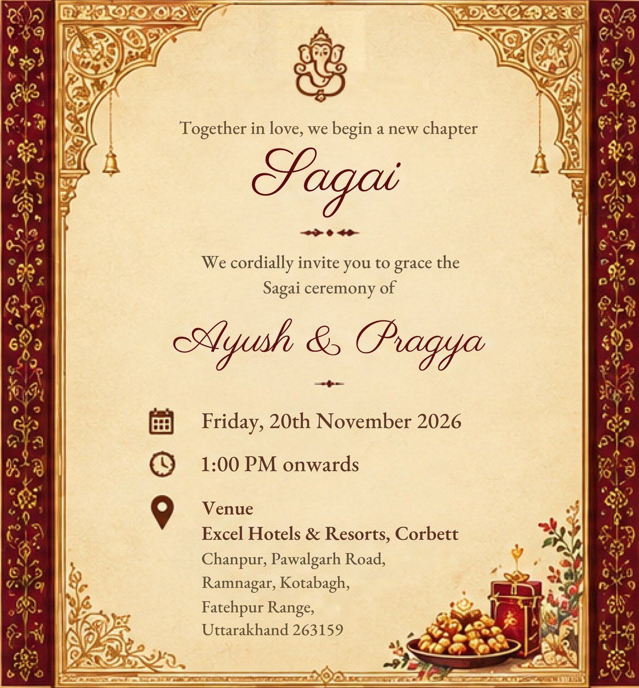 Sagai, Friday 20 November 2026, 1:00 PM onwards, Excel Hotels and Resorts, Corbett