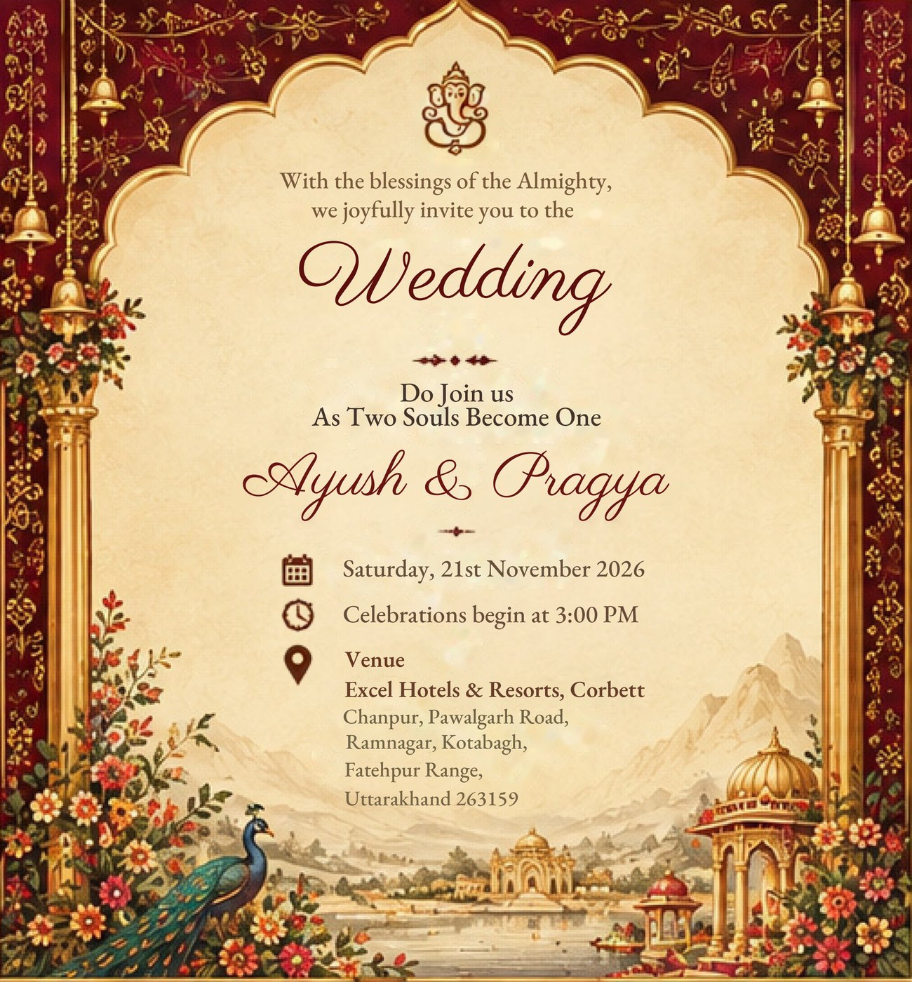 Wedding, Saturday 21 November 2026, celebrations begin at 3:00 PM, Excel Hotels and Resorts, Corbett